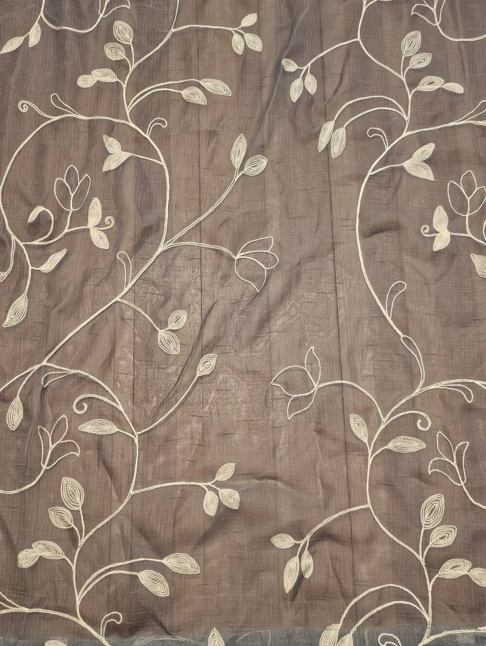 Light Blue Sheer Curtain Panel with Cream Vine Embroidery - Home Accents